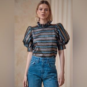 HUNTER BELL | Stella Blouse Top in Festive Stripe Metallic Holiday Top